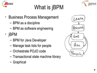 What is jBPM
• Business Process Management
  – BPM as a discipline
  – BPM as software engineering
• jBPM
  –   BPM for Java Developer
  –   Manage task lists for people
  –   Orchestrate POJO code
  –   Transactional state machine library
  –   Graphical
                                            4
 