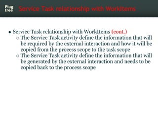 Service Task relationship with WorkItems


Service Task relationship with WorkItems (cont.)
   The Service Task activity define the information that will
   be required by the external interaction and how it will be
   copied from the process scope to the task scope
   The Service Task activity define the information that will
   be generated by the external interaction and needs to be
   copied back to the process scope
 