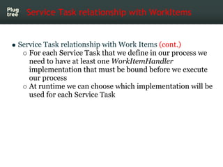 Service Task relationship with WorkItems


Service Task relationship with Work Items (cont.)
   For each Service Task that we define in our process we
   need to have at least one WorkItemHandler
   implementation that must be bound before we execute
   our process
   At runtime we can choose which implementation will be
   used for each Service Task
 
