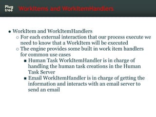 WorkItems and WorkItemHandlers


WorkItem and WorkItemHandlers
  For each external interaction that our process execute we
  need to know that a WorkItem will be executed
  The engine provides some built in work item handlers
  for common use cases
      Human Task WorkItemHandler is in charge of
      handling the human task creations in the Human
      Task Server
      Email WorkItemHandler is in charge of getting the
      information and interacts with an email server to
      send an email
 