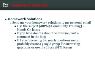 Homeworks Solutions


Homework Solutions
  Send me your homework solutions to my personal email
     Use the subject [JBPM5 Community Training] -
     Hands On labs 2
     If you have doubts about the exercise, post a
     comment in the blog
     If I start receiving too much questions we can
     probably create a google group for answering
     questions or use the JBoss jBPM forum
 