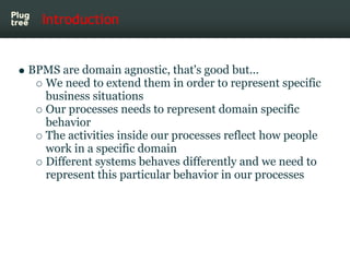 Introduction


BPMS are domain agnostic, that's good but...
  We need to extend them in order to represent specific
  business situations
  Our processes needs to represent domain specific
  behavior
  The activities inside our processes reflect how people
  work in a specific domain
  Different systems behaves differently and we need to
  represent this particular behavior in our processes
 