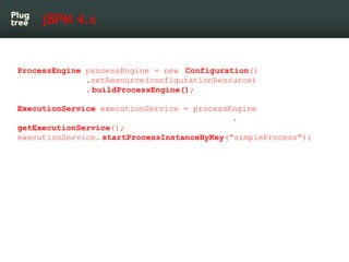 jBPM 4.x


ProcessEngine processEngine = new Configuration()
              .setResource(configurationResource)
              . buildProcessEngine();

ExecutionService executionService = processEngine
                                             .
getExecutionService();
executionService. startProcessInstanceByKey("simpleProcess");
 