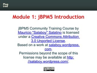 Module 1: jBPM5 Introduction

 jBPM5 Community Training Course by
 Mauricio "Salaboy" Salatino is licensed
 under a Creative Commons Attribution
           3.0 Unported License.
 Based on a work at salaboy.wordpress.
                   com.
  Permissions beyond the scope of this
    license may be available at http:
        //salaboy.wordpress.com/.
 