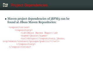 Project Dependencies


   Maven project dependencies of jBPM5 can be
   found at JBoss Maven Repositories:
    <repositories>
        <repository>
            <id>JBoss Maven Repo</id>
            <name>jboss</name>
            <url>https://repository.jboss.
org/nexus/content/groups/public/</url>
         </repository>
    </repositories>
 