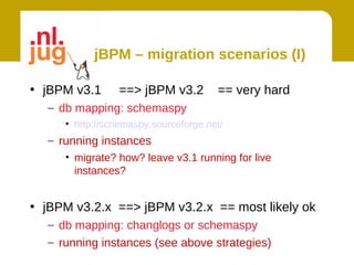 jBPM – migration scenarios (I)

• jBPM v3.1     ==> jBPM v3.2         == very hard
  – db mapping: schemaspy
     • http://schemaspy.sourceforge.net/
  – running instances
     • migrate? how? leave v3.1 running for live
       instances?


• jBPM v3.2.x ==> jBPM v3.2.x == most likely ok
  – db mapping: changlogs or schemaspy
  – running instances (see above strategies)
 
