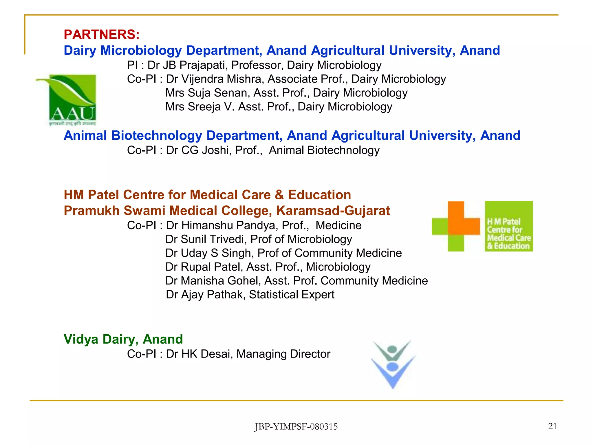 21
PARTNERS:
Dairy Microbiology Department, Anand Agricultural University, Anand
PI : Dr JB Prajapati, Professor, Dairy Microbiology
Co-PI : Dr Vijendra Mishra, Associate Prof., Dairy Microbiology
Mrs Suja Senan, Asst. Prof., Dairy Microbiology
Mrs Sreeja V. Asst. Prof., Dairy Microbiology
Animal Biotechnology Department, Anand Agricultural University, Anand
Co-PI : Dr CG Joshi, Prof., Animal Biotechnology
HM Patel Centre for Medical Care & Education
Pramukh Swami Medical College, Karamsad-Gujarat
Co-PI : Dr Himanshu Pandya, Prof., Medicine
Dr Sunil Trivedi, Prof of Microbiology
Dr Uday S Singh, Prof of Community Medicine
Dr Rupal Patel, Asst. Prof., Microbiology
Dr Manisha Gohel, Asst. Prof. Community Medicine
Dr Ajay Pathak, Statistical Expert
Vidya Dairy, Anand
Co-PI : Dr HK Desai, Managing Director
JBP-YIMPSF-080315
 