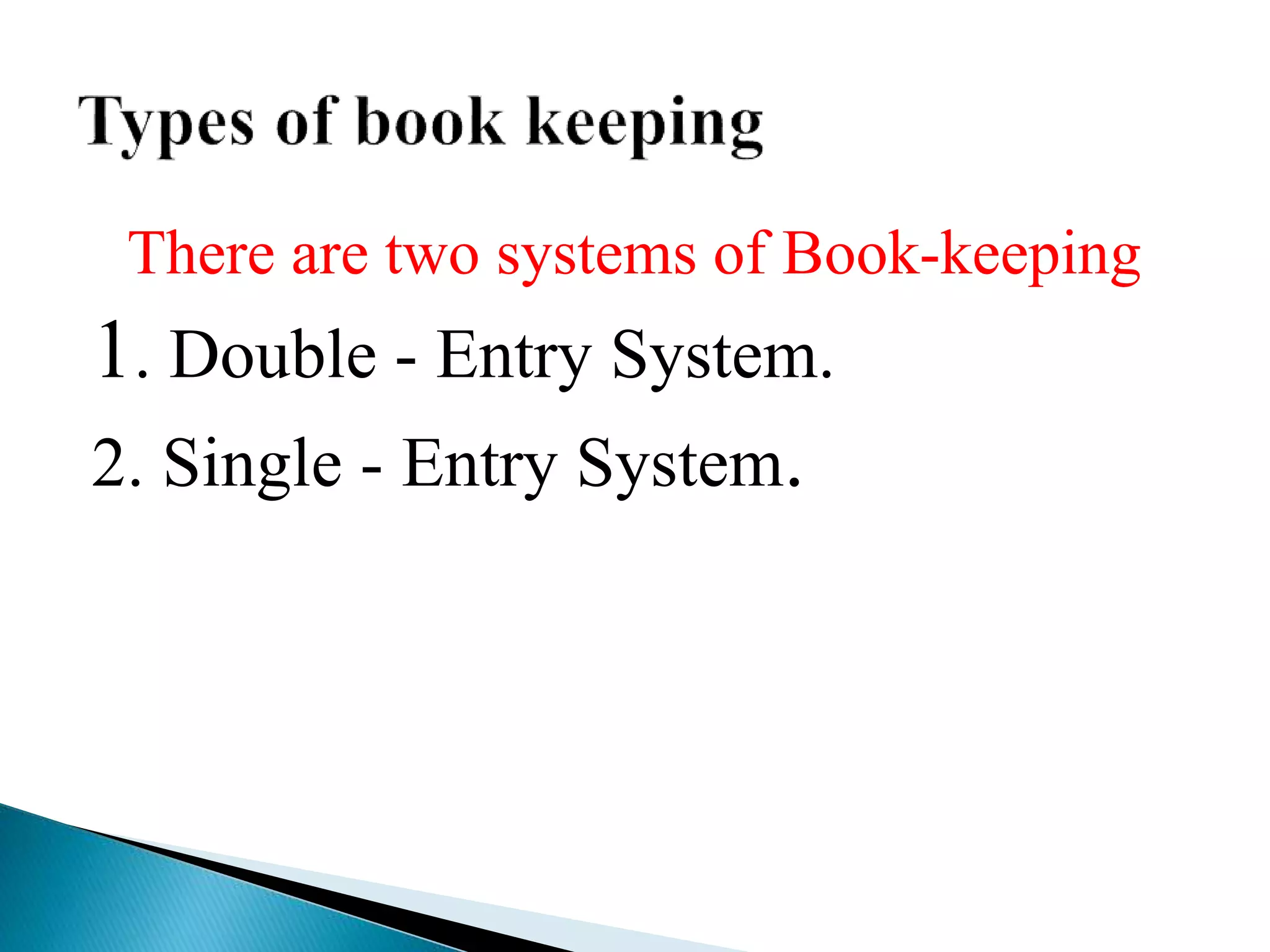 There are two systems of Book-keeping
1. Double - Entry System.
2. Single - Entry System.
 