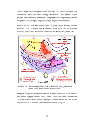Peristiwa dispersal ini dianggap memicu terjadinya fase tektonik regangan yang
menimbulkan pemekaran benua sehingga Kalimantan Timur terpisah dengan
Sulawesi Barat. Pemekaran membentuk Cekungan Makassar dengan banyak patahan
dan graben di alas cekungan yang diikuti dengan pengisisian sedimen tersier.
Menurut Satyana, 2003, Pada zaman Kapur, di ujung tenggara lempeng kontinen
Sundaland, yaitu

di bagian barat Kalimantan, terjadi akresi dari mikrokontinen

gondwana, yaitu: Sumba, Paternoster, Pompangeo dan Mangkalihat (gambar 2.8).

Gambar 2.8

Rekonstruksi paleotektonik SE Sundaland serta jejak terakresi
selama zaman Kapur menurut Satyana, 2003.

Meskipun tektogenesa pembukaan cekungan Makassar disebutkan akibat dispersal
dari bagian tenggara Paparan Sunda, namun rincian mekanisme pembentukan
Cekungan Makassar tidak dibahas dengan jelas, apakah sebagai rift basin dengan
penyerta sesar-sesar transform, ataukah karena mekanisme yang lain.

14

 