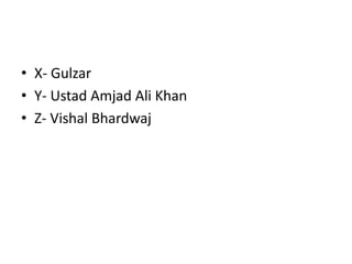 • X- Gulzar
• Y- Ustad Amjad Ali Khan
• Z- Vishal Bhardwaj
 