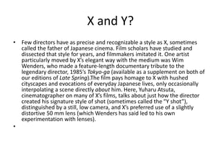 X and Y?
• Few directors have as precise and recognizable a style as X, sometimes
called the father of Japanese cinema. Film scholars have studied and
dissected that style for years, and filmmakers imitated it. One artist
particularly moved by X’s elegant way with the medium was Wim
Wenders, who made a feature-length documentary tribute to the
legendary director, 1985’s Tokyo-ga (available as a supplement on both of
our editions of Late Spring).The film pays homage to X with hushed
cityscapes and evocations of everyday Japanese lives, only occasionally
interpolating a scene directly about him. Here, Yuharu Atsuta,
cinematographer on many of X’s films, talks about just how the director
created his signature style of shot (sometimes called the “Y shot”),
distinguished by a still, low camera, and X’s preferred use of a slightly
distortive 50 mm lens (which Wenders has said led to his own
experimentation with lenses).
•
 