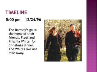 5:00 pm 12/24/96
The Ramsey’s go to
the home of their
friends, Fleet and
Priscilla White, for
Christmas dinner.
The Whites live one
mile away.
 
