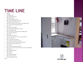  5:55 am
 Patsy Patsy: “Police.”
 911: “What’s going on ma’am?”
 Patsy: “755 15th street.”
 911: “What’s going on there ma’am”
 Patsy: “We have a kidnapping. Hurry, please!”
 911: “Explain to me what’s going on. Ok?”
 Patsy: “There. We have a, there’s a note left and our daughter’s gone.”
 911: “A note was left and your daughter’s gone?”
 Patsy: “Yes!”
 911: “How old is your daughter?”
 Patsy: “She’s 6 years old. She’s blonde, 6 years old.”
 911: “How long ago was this?”
 Patsy: “I don’t know I just got the note, and my daughter’s gone.”
 911: “Does it say who took her?”
 Patsy: “What?”
 911: “Does it say who took her?”
 Patsy: “No! I don’t know. There’s a, there’s a ransom note here.”
 911: “It’s a ransom note?”
 Patsy: “It say’s SBTC. Victory! Please!”
 911: “Okay, what’s your name? Are you Kath...?”
 Patsy: “Patsy Ramsey, I’m the mother. Oh my God! Please!”
 911: “Okay, I’m sending an officer over OK?
 Patsy: “Please!”
 911: “Do you know how long she’s been gone?”
 Patsy: “No I don’t! Please we just got up and she’s not here. Oh my god! Please!”
 911: “Okay, Cal....”
 Patsy: “Please send somebody.”
 911: “I am honey.”
 Patsy: “Please.”
 911: “Take a deep breath and...”
 Patsy: “Hurry, hurry, hurry!”
 911: “Patsy? Patsy? Patsy? Patsy?”
calls 911
 