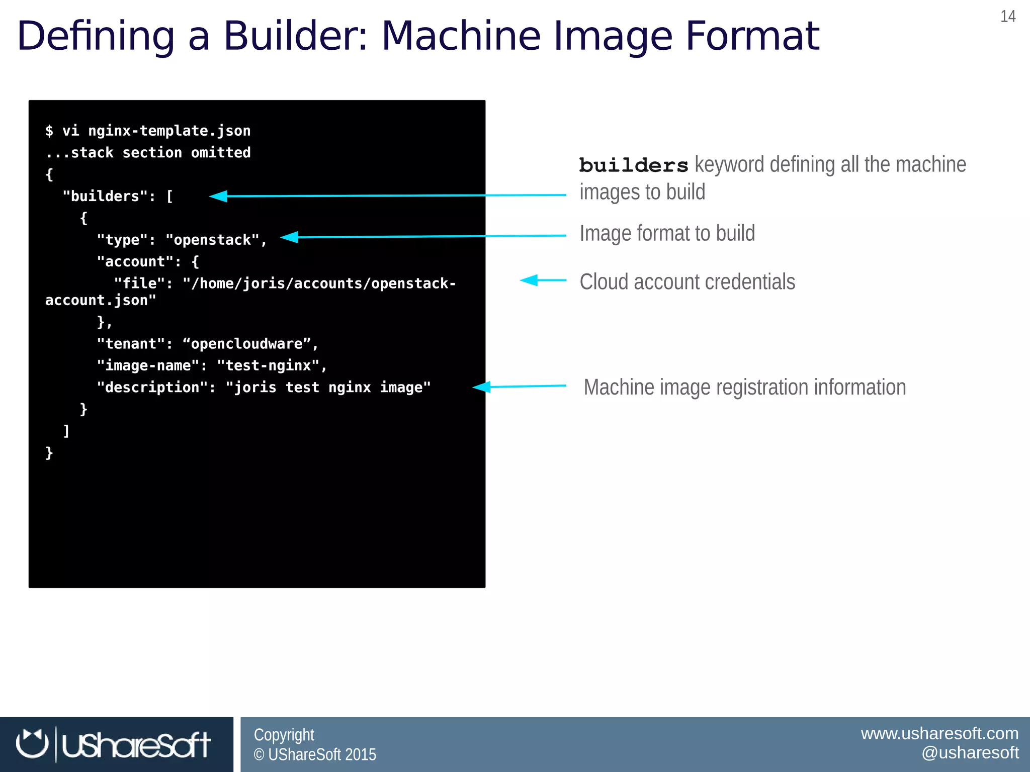 Copyright
© UShareSoft 2015
Copyright
© UShareSoft 2015
www.usharesoft.com
@usharesoft
www.usharesoft.com
@usharesoft
1414
Defining a Builder: Machine Image Format
$ vi nginx-template.json
...stack section omitted
{
"builders": [
{
"type": "openstack",
"account": {
"file": "/home/joris/accounts/openstack-
account.json"
},
"tenant": “opencloudware”,
"image-name": "test-nginx",
"description": "joris test nginx image"
}
]
}
$ vi nginx-template.json
...stack section omitted
{
"builders": [
{
"type": "openstack",
"account": {
"file": "/home/joris/accounts/openstack-
account.json"
},
"tenant": “opencloudware”,
"image-name": "test-nginx",
"description": "joris test nginx image"
}
]
}
builders keyword defining all the machine
images to build
builders keyword defining all the machine
images to build
Image format to buildImage format to build
Machine image registration informationMachine image registration information
Cloud account credentialsCloud account credentials
 