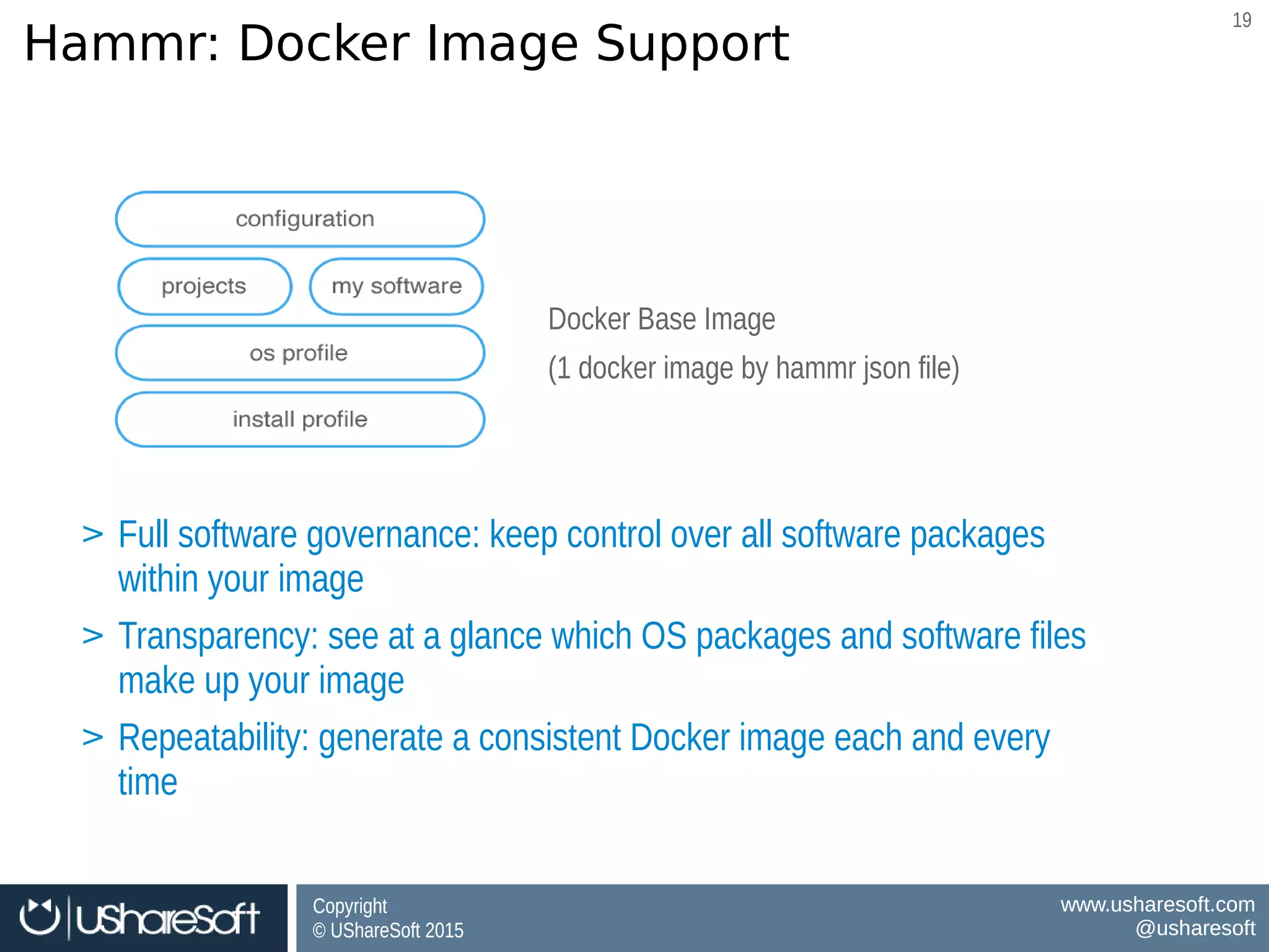 Copyright
© UShareSoft 2015
Copyright
© UShareSoft 2015
www.usharesoft.com
@usharesoft
www.usharesoft.com
@usharesoft
1919
Hammr: Docker Image Support
Docker Base Image
(1 docker image by hammr json file)
Docker Base Image
(1 docker image by hammr json file)
BenefitsBenefits
Software governance for Docker Images
Consistency between VM ↔ Docker Images
Software governance for Docker Images
Consistency between VM ↔ Docker Images
> Full software governance: keep control over all software packages
within your image
> Transparency: see at a glance which OS packages and software files
make up your image
> Repeatability: generate a consistent Docker image each and every
time
> Full software governance: keep control over all software packages
within your image
> Transparency: see at a glance which OS packages and software files
make up your image
> Repeatability: generate a consistent Docker image each and every
time
 