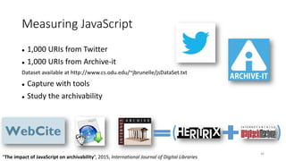 Measuring JavaScript
 1,000 URIs from Twitter
 1,000 URIs from Archive-it
Dataset available at http://www.cs.odu.edu/~jbrunelle/jsDataSet.txt
 Capture with tools
 Study the archivability
46
“The impact of JavaScript on archivability”, 2015, International Journal of Digital Libraries
( )
 