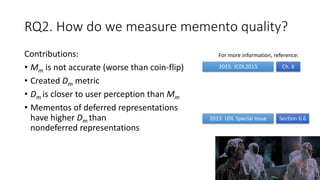 RQ2. How do we measure memento quality?
Contributions:
• Mm is not accurate (worse than coin-flip)
• Created Dm metric
• D...
