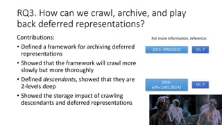 RQ3. How can we crawl, archive, and play
back deferred representations?
Contributions:
• Defined a framework for archiving...
