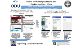 Mobile Mink: Merging Mobile and
Desktop Archived Webs
Wesley Jordan, Mat Kelly, Justin F. Brunelle,
Laura Vobrak, Michele C. Weigle, Michael L. Nelson
This work supported in part by the NEH HK-50181. This work
was performed as part of Wesley Jordan’s mentorship at The
MITRE Corporation. The author’s affiliation with The MITRE
Corporation is provided for identification purposes only, and is
not intended to convey or imply MITRE’s concurrence with, or
support for, the positions, opinions or viewpoints expressed by
the author.
Acknowledgements
http://bitly.com/MobileMink/
More about Mobile Mink
Desktop URIs are much
more prevalent than their
mobile counterparts in the
archives because crawlers
use desktop user-agent
strings.
Corresponding Mobile URIs
are archived less frequently
even though the
representations are different
than their desktop
counterparts.
http://espn.go.com/ http://m.espn.go.com/
Same
ESPN,
different
URIs,
different
HTML,
different
TimeMaps.
.
 Browse to a URI-R
 Potential content-
negotiation from
user-agent
 Access tool from the
“Share” menu
MobileMink merges TimeMaps of
http://espn.go.com & http://m.espn.go.com/
Desktop and mobile webs differ and
the linkage between them is lost in the
archives
 Discovers mobile and
desktop URI-Rs
 Uses Memento to get
all available
TimeMaps
 Provides integrated
TimeMap
 Offers users ability
to submit mobile
and desktop URI-Rs
to archives
 Increases
coverage of mobile
URI-Rs in the
archives
 