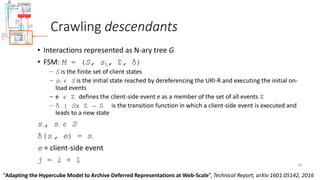 Crawling descendants
• Interactions represented as N-ary tree G
• FSM: M = (S, s0, Σ, δ)
‒ S is the finite set of client states
‒ s0 ϵ S is the initial state reached by dereferencing the URI-R and executing the initial on-
load events
‒ e ϵ Σ defines the client-side event e as a member of the set of all events Σ
‒ δ : Sx Σ → S is the transition function in which a client-side event is executed and
leads to a new state
si, sj ϵ S
δ(si, e) = sj
e = client-side event
j = i + 1
86
“Adapting the Hypercube Model to Archive Deferred Representations at Web-Scale”, Technical Report, arXiv:1601.05142, 2016
 