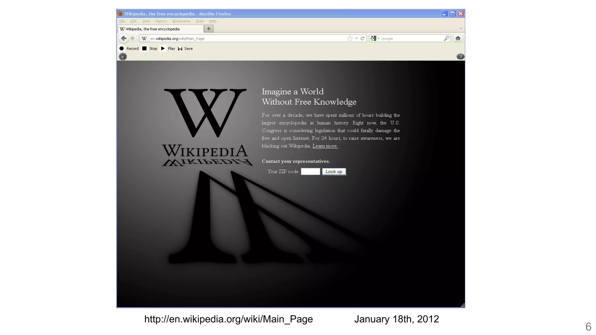 http://en.wikipedia.org/wiki/Main_Page January 18th, 2012
6
 