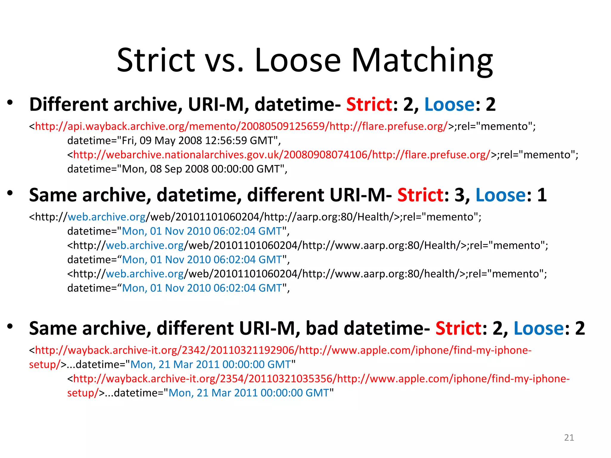 Strict vs. Loose Matching
• Different archive, URI-M, datetime- Strict: 2, Loose: 2
<http://api.wayback.archive.org/memento/20080509125659/http://flare.prefuse.org/>;rel="memento";
datetime="Fri, 09 May 2008 12:56:59 GMT",
<http://webarchive.nationalarchives.gov.uk/20080908074106/http://flare.prefuse.org/>;rel="memento";
datetime="Mon, 08 Sep 2008 00:00:00 GMT",
• Same archive, datetime, different URI-M- Strict: 3, Loose: 1
<http://web.archive.org/web/20101101060204/http://aarp.org:80/Health/>;rel="memento";
datetime="Mon, 01 Nov 2010 06:02:04 GMT",
<http://web.archive.org/web/20101101060204/http://www.aarp.org:80/Health/>;rel="memento";
datetime=“Mon, 01 Nov 2010 06:02:04 GMT",
<http://web.archive.org/web/20101101060204/http://www.aarp.org:80/health/>;rel="memento";
datetime=“Mon, 01 Nov 2010 06:02:04 GMT",
• Same archive, different URI-M, bad datetime- Strict: 2, Loose: 2
<http://wayback.archive-it.org/2342/20110321192906/http://www.apple.com/iphone/find-my-iphone-
setup/>...datetime="Mon, 21 Mar 2011 00:00:00 GMT"
<http://wayback.archive-it.org/2354/20110321035356/http://www.apple.com/iphone/find-my-iphone-
setup/>...datetime="Mon, 21 Mar 2011 00:00:00 GMT"
21
 