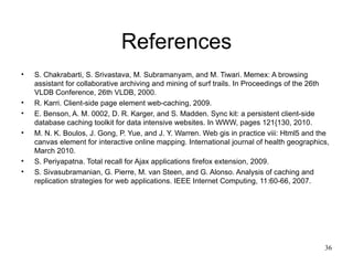 References
•   S. Chakrabarti, S. Srivastava, M. Subramanyam, and M. Tiwari. Memex: A browsing
    assistant for collaborative archiving and mining of surf trails. In Proceedings of the 26th
    VLDB Conference, 26th VLDB, 2000.
•   R. Karri. Client-side page element web-caching, 2009.
•   E. Benson, A. M. 0002, D. R. Karger, and S. Madden. Sync kit: a persistent client-side
    database caching toolkit for data intensive websites. In WWW, pages 121{130, 2010.
•   M. N. K. Boulos, J. Gong, P. Yue, and J. Y. Warren. Web gis in practice viii: Html5 and the
    canvas element for interactive online mapping. International journal of health geographics,
    March 2010.
•   S. Periyapatna. Total recall for Ajax applications firefox extension, 2009.
•   S. Sivasubramanian, G. Pierre, M. van Steen, and G. Alonso. Analysis of caching and
    replication strategies for web applications. IEEE Internet Computing, 11:60-66, 2007.




                                                                                             36
 