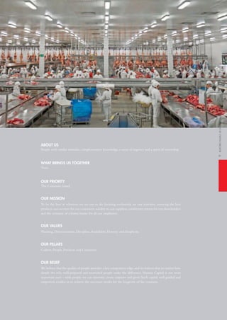 9
People with similar attitudes, complementary knowledge, a sense of urgency and a spirit of ownership.
trust.
the Common Good.
to be the best at whatever we set out to do, focusing exclusively on our activities, ensuring the best
products and services for our customers, solidity to our suppliers, satisfactory return for our shareholders
and the certainty of a better future for all our employees.
Planning, Determination, Discipline,Availability, honesty and Simplicity.
Culture, People, Products and Customers.
We believe that the quality of people provides a key competitive edge,and we believe that no matter how
simple the role, well-prepared and motivated people make the difference. human Capital is our most
important asset – with people we can innovate, create, improve and grow. Such capital, well guided and
supported, enables us to achieve the necessary results for the longevity of the company.
about us
What brinGs us toGether
our priority
our mission
our values
our pillars
our belief
relatórioanualedeSuStentabilidade2012annualandSuStainabilityreport2012
 