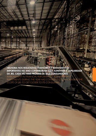 RELATÓRIOANUALEDESUSTENTABILIDADE2012ANNUALANDSUSTAINABILITYREPORT201227
MELHORIA NOS RESULTADOS FINANCEIROS E INVESTIMENTOS
IMPORTANTES NO ANO CONTRIBUÍRAM PARA AUMENTAR A CAPILARIDADE
DA JBS, CADA VEZ MAIS PRÓXIMA DE SEUS CONSUMIDORES
IMPROVEMENT IN FINANCIAL PERFORMANCE AND IMPORTANT
INVESTMENTS DURING THE YEAR HAS CONTRIBUTED TO INCREASING THE
SCOPE OF JBS TO GET CLOSER TO ITS CONSUMERS
 
