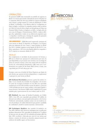 oPeRAçõeS
As operações da JBS estão estruturadas em unidades de negócios no
Brasil e no exterior para atender à demanda de mais de 150 países em
5 continentes.Além dos ativos por unidade de negócios (detalhados
mais à frente), o grupo mantém 37 centros de distribuição, 12 deles
no Brasil,7 na Austrália e 14 no México,além de 1 na Argentina,no
Egito, no Japão e na Rússia.A companhia mantém ainda escritórios
no Chile,na Coreia do Sul,no Egito,em hong Kong,na China,nos
Emirados Árabes Unidos, na inglaterra, na itália e no Japão, além de
um centro de Pesquisa e Desenvolvimento (P&D) e vendas na Bél-
gica. Essa capilaridade se traduz em um diferencial competitivo para
a companhia e contribui para a estratégia de expansão das operações
e aproximação dos mercados consumidores.
JBS MerCoSul A JBS Mercosul compreende a produção de
carne bovina no Brasil, na Argentina, no Paraguai e no Uruguai,
além dos segmentos de aves, couros e outros produtos no Brasil.
Em 2012, a unidade registrou receita líquida de R$ 18.013,1 mi-
lhões, equivalente a 24% da receita líquida global da companhia e
20,7% superior ao montante obtido em 2011.
JBS Brasil
Em complemento às atividades de processamento de bovinos, a
JBS tem no Brasil uma operação de confinamentos, por meio da
qual disponibiliza aos pecuaristas uma estrutura com tecnologia de
ponta em nutrição, manejo e bem-estar animal, além de modernas
técnicas de comercialização.Atualmente, a JBS conta com 5 con-
finamentos nos estados de São Paulo, Mato Grosso e Goiás, com
capacidade para 210 mil cabeças por ano.
O grupo conta com a Unidade de Novos Negócios,que dispõe de
oito divisões que operam de forma independente e complementar
à operação de carne bovina no Brasil.
JBS Ambiental Recicladora: promove a gestão dos resíduos só-
lidos e secos oriundos das atividades da companhia e de terceiros.
O centro de reciclagem, localizado em Lins (SP), tem capacidade
instalada para reciclar 500 toneladas mensais de plástico e gerenciar
1.000 toneladas por mês de outros resíduos, como papel, papelão e
metais ferrosos e não ferrosos.A JBS estuda a implantação de outras
unidades para o gerenciamento de seus resíduos ainda em 2013.
JBS Biodiesel: duas usinas de biodiesel localizadas em Colíder
(Mt) e Lins (SP), com capacidade para produzir 240 milhões de
litros por ano,utilizam como principal matéria-prima o sebo bovino.
totalmente automatizadas, as plantas contam com um moderno sis-
tema de produção e de análises laboratoriais para garantir a qualidade
do combustível e atender às normas nacionais e internacionais.
JBS Embalagens Metálicas: duas unidades de produção, em
Lins (SP) e Barretos (SP), fornecem embalagens para acondicionar
produtos alimentícios.têm capacidade de produção de 70 milhões
de latas por mês, das quais 40% são utilizadas pela própria JBS. São
latas 100% recicláveis e fabricadas por meio de um sistema que
elimina a emissão de solventes na atmosfera, proporcionando um
ambiente de trabalho seguro aos funcionários.
Couro
Leather
• 25 unidades com 73.800 peças processadas por
dia no Brasil *
• 25 units with 73,800 hides processed per day
in Brazil *
* engloba o processamento de 2.200 peças na china.
JBS meRcoSul
JbS MerCoSul
* includes processing of 2,200 pieces in china.
36deSeMpenHoFinanCeiroeoperaCionalFinanCialandoperationalperForManCe
 