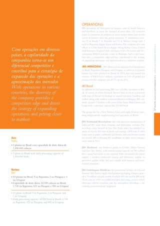 Com operações em diversos
países, a capilaridade da
companhia torna-se um
diferencial competitivo e
contribui para a estratégia de
expansão das operações e a
aproximação dos mercados
With operations in various
countries, the diversity of
the company provides a
competitive edge and drives
the strategy of expanding
operations and getting closer
to markets
oPeRAtionS
JBS operations are structured on business units in South America
and elsewhere to meet the demand of more than 150 countries
across 5 continents. in addition to assets broken down later in this
report by business unit, the group maintains 37 distribution cent-
ers: 12 in Brazil, 7 in Australia and 14 in Mexico, along with 1
each in Argentina,Egypt,Japan and Russia.the company also runs
offices in Chile, South Korea, Egypt, hong Kong, China, United
Arab Emirates, England, italy and Japan, with a Research and De-
velopment (R&D) and sales center in Belgium. Such scope trans-
lates into a competitive edge and has contributed to the strategy
of expanding operations and approximation to consumer markets.
JBS MerCoSul JBS Mercosul encompasses beef production
in Brazil,Argentina, Paraguay and Uruguay in addition to poultry,
leather and other products in Brazil. in 2012, this unit posted net
revenue of R$18,013.1 million, equivalent to 24% of global net
revenue for the company and 20.7% up on 2011.
JBS Brasil
in addition to beef processing, JBS runs a feedlot operation in Bra-
zil, by means of which livestock farmers have access to a structure
with state-of-the-art technology in animal nutrition, handling and
welfare along with modern commercialization techniques. JBS cur-
rently operates 5 feedlots in the states of São Paulo,Mato Grosso and
Goiás, with a one-time capacity for 210,000 head.
the group also has a New Business Unit,with eight divisions oper-
ating independently supplementing beef operations in Brazil.
JBS Ambiental Recicladora: this unit promotes management of
solid and dry waste from company and third-party activities. the
recycling center, located in Lins (São Paulo state), has installed ca-
pacity to recycle 500 tons of plastic and manage 1,000 tons of other
waste such as paper, cardboard and ferrous and non-ferrous metals
per month. JBS is planning the installation of other waste manage-
ment units in 2013.
JBS Biodiesel: two biodiesel plants in Colíder (Mato Grosso)
and Lins (São Paulo), with annual output capacity of 240 million
liters, using beef talow as raw material. Fully automated, the plants
employ a modern production system and laboratory analysis to
guarantee quality of the fuel and comply with national and inter-
national standards.
JBS Embalagens Metálicas: two production facilities,in Lins and
Barretos (São Paulo),supply food product packaging.Output capac-
ity is 70 million cans per month,of which 40% are used by JBS itself.
these cans are 100% recyclable and fabricated using a system which
eliminates solvent emissions into the atmosphere, providing a safe
working environment for employees.
Aves
Poultry
• 5 plantas no Brasil com capacidade de abate diária de
1.450.000 cabeças
• 5 plants in Brazil with daily processing capacity of
1,450,000 birds
Bovinos
Beef
• 53 plantas no Brasil, 5 na Argentina, 2 no Paraguai e 1
no Uruguai
• Capacidade de abate diária: 42.550 cabeças no Brasil,
1.730 na Argentina, 521 no Paraguai e 900 no Uruguai
• 53 plants in Brazil, 5 in Argentina, 2 in Paraguay and
1 in Uruguay
• Daily processing capacity: 42,550 head in Brazil; 1,730
in Argentina, 521 in Paraguay and 900 in Uruguay
37relatórioanualedeSuStentabilidade2012annualandSuStainabilityreport2012
 