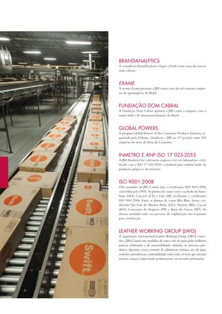 BRAndAnAlyticS
A consultoria BrandAnalytics elegeu a Swift como uma das marcas
mais valiosas.
ExAmE
A revista Exame premiou a JBS como uma das três maiores empre-
sas do agronegócio do Brasil.
fundAção dom cABRAl
A Fundação Dom Cabral apontou a JBS como a empresa com o
maior índice de internacionalização do Brasil.
GloBAl PoWeRS
A pesquisa Global Powers of the Consumer Products industry, or-
ganizada pela Deloitte, classificou a JBS na 17ª posição entre 250
empresas do setor de Bens de Consumo.
inmetRo e AnP iSo 17 025-2055
A JBS Biodiesel foi a primeira empresa a ter seu laboratório certi-
ficado com a iSO 17 025-2055 e creditada para realizar laudo de
produção própria e de terceiros.
iSo 9001:2008
Oito unidades da JBS Couros têm a certificação iSO 9001:2008,
concedida pela DNV. As plantas de couro semi e acabado de itum-
biara (GO), Cascavel (CE) e Lins (SP) receberam a certificação
iSO 9001:2008. Entre as plantas de couro Wet Blue, foram cer-
tificadas São Luís de Montes Belos (GO), Naviraí (MS), Cacoal
(RO), Conceição do Araguaia (PA) e Barra do Garças (Mt). As
demais unidades estão em processo de implantação dos requisitos
para certificação.
leAtHeR WoRkinG GRouP (lWG)
A organização internacional Leather Working Group (LWG) conce-
deu à JBS Couros sete medalhas de ouro e três de prata pelas melhores
práticas ambientais e de sustentabilidade adotadas no processo pro-
dutivo. Quesitos como controle de substâncias restritas, uso da água,
emissões atmosféricas e rastreabilidade estão entre os itens que tiveram
maiores avanços,impactando positivamente nas recentes premiações.
66prêMioSereConHeCiMentoSawardSandreCoGnition
 