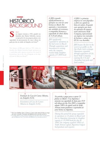 4HiStóriCobaCkGround
* Para mais detalhes sobre o histórico e outras ações desenvolvidas ao longo
dos anos, consulte o formulário de Referência em www.jbs.com.br/ri.
* for further details on the company’s background and other actions over the years,
see the Reference form (“formulário de Referência”) at www.jbs.com.br/ri.
Fundação da Casa de Carnes Mineira,
emAnápolis (GO).
Foundation of Casa de Carnes
Mineira in Anápolis (GO).
A JBS expande
significativamente as
operações no setor de carne
bovina no Brasil.Por
aquisições e investimento
nas unidades já existentes,
a companhia alcançou a
capacidade de abate diária
de 5,8 mil cabeças.
JBS significantly
expanded its operations in
the beef sector in Brazil.
Through acquisitions and
investment in existing
units,the company
reached daily slaughter
capacity of 5,800 head.
A JBS é a primeira
empresa no setor frigorífico
a abrir seu capital na
bolsa de valores.Expande
suas operações por meio
da aquisição da empresa
norte-americana Swift
Company,representando
seu ingresso nos mercados
de bovinos e suínos nos
EUA e na Austrália.
JBS became the first in the
sector to go public on the
São Paulo stock exchange.
Operations expanded
through acquisition of US-
based Swift Company,
entering the US and
Australian beef,pork and
lamb markets.
ua origem remonta a 1953, quando seu
fundador, José Batista Sobrinho, iniciou
as operações de uma pequena planta com
capacidade de processamento de cinco cabeças de
gado por dia, na cidade de Anápolis, em Goiás.*
the history of JBS goes back to 1953 when its
founder, José Batista Sobrinho, began operations at
a small plant with capacity to process five head of
livestock per day in the city of Anápolis, in the state
of Goiás in Mid-west Brazil.*
S
HiStóRico
baCkGround
GRi 2.9
1953 20071970 a 2001
No período,o grupo passa a operar 21
plantas no Brasil e 5 naArgentina e
aumenta sua capacidade de abate para 19,9
mil cabeças por dia.Em 2005,a companhia
adquire 100% do capital social da Swift-
Armour,maior produtora e exportadora de
carne bovina naArgentina.
During this period the group expanded
its operations to 21 plants in Brazil and
five in Argentina,increasing its slaughter
capacity to 19,900 head per day.In
2005,the company acquired 100% of
Swift-Armour capital,Argentina’s largest
beef producer and exporter.
2001 a 2006
 