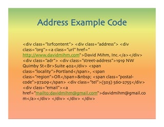 div class=”lsrfcontent” div class=”address” div
class=”org”a class=”url” href=”
http://www.davidmihm.com“David Mihm, Inc./a/div
div class=”adr” div class=”street-address”1919 NW
Quimby StBrSuite 402/div span
class=”locality”Portland/span, span
class=”region”OR/spannbsp; span class=”postal-
code”97209/span div class=”tel”(503) 560-2755/div
div class=”email”a
href=”mailto:davidmihm@gmail.com“davidmihm@gmail.co
m/a/div /div /div /div 
Address Example Code
 