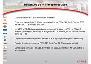 Destaques do 4º Trimestre de 2009



•   Lucro líquido de R$127,9 milhões no trimestre.

•   Crescimento anual de 13,1% da receita líquida, de R$30.340,3 milhões em 2008
    para R$34.311,8 milhões em 2009.

•   No 4T09, o EBITDA consolidado aumentou 49,6% sobre o 4T08, de R$265,9
    milhões para R$397,8 milhões. A margem EBITDA foi de 5,4% no período, contra
    2,8% no 4T08.

•   Conclusão da associação com a Bertin S.A. e aquisição da Pilgrim’s Pride Corp.

•   Receita líquida pro-forma de R$55.223,6 milhões, 82,0% superior a 2008.

•   EBITDA pro-forma de R$3.058,0 milhões em 2009, aumento de 164,5% sobre o
    ano anterior.




                                      21
 