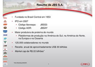 Resumo da JBS S.A.



• Fundada no Brasil Central em 1953
• IPO em 2007
   • Código Ibovespa:             JBSS3
   • Código ADR:                  JBSAY
• Maior produtora de proteína do mundo
   • Plataformas de produção na América do Sul, na América do Norte,
     na Europa e na Oceania
• 125.000 colaboradores no mundo
• Receita anual de aproximadamente US$ 30 bilhões
• Market cap de R$ 22 bilhões *



 *Fonte: Bloomberg 25/02/2010
                                          4
 