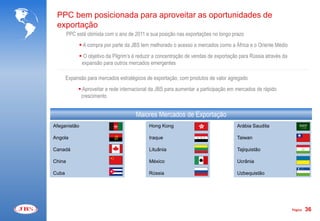PPC bem posicionada para aproveitar as oportunidades de
 exportação
        PPC está otimista com o ano de 2011 e sua posição nas exportações no longo prazo
              A compra por parte da JBS tem melhorado o acesso a mercados como a África e o Oriente Médio
              O objetivo da Pilgrim’s é reduzir a concentração de vendas de exportação para Rússia através da
              expansão para outros mercados emergentes

       Expansão para mercados estratégicos de exportação, com produtos de valor agregado
              Aproveitar a rede internacional da JBS para aumentar a participação em mercados de rápido
              crescimento


                                       Maiores Mercados de Exportação
Afeganistão                                  Hong Kong                                Arábia Saudita

Angola                                       Iraque                                   Taiwan

Canadá                                       Lituânia                                 Tajiquistão

China                                        México                                   Ucrânia

Cuba                                         Rússia                                   Uzbequistão




                                                                                                                 Página   36
 