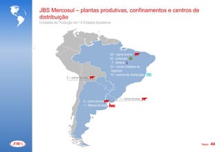JBS Mercosul – plantas produtivas, confinamentos e centros de
distribuição
Unidades de Produção em 14 Estados brasileiros




                                                     34 – carne bovina
                                                     20 - curtumes
                                                      7 - lácteos
                                                     22 – novas unidades de
                                                     negócios
                                                     15 – centros de distribuição
                 2 – carne bovina




                                                            1 – carne bovina
                              6 - carne bovina
                              1 – fábrica de latas




                                                                                    Página   44
 