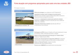 Forte atuação com programas apropriados para cada uma das unidades JBS

Principais iniciativas

  Ecoeficiência
                                          Fábrica de reciclagem nas unidades de Lins-SP e Barretos-SP
                                          Cogeração de energia a partir do bagaço da cana-de-açúcar,
                                          garantindo menor emissão de gases de efeito estufa (GEE) e reduzindo o
                                          consumo de fontes de energia não renováveis
                                          Pioneirismo na implantação de sistema para queima de conteúdo
                                          ruminal em 7 unidades e previsão de expansão para mais unidades de
                                          acordo com a viabilidade
                                          Adequação ambiental das unidades adquiridas pela JBS com
   Biodigestores em Andradina - SP        investimentos em meio ambiente



  Relação com fornecedores
                                          Participação no GTPS (Grupo de Trabalho da Pecuária Sustentável), formado
                                          por produtores, ONGs, instituições financeiras e varejistas
                                          Adesão ao Pacto Internacional de Erradicação do Trabalho Infantil
                                          Análogo ao Trabalho Escravo (ONU)
                                          Parceria com a Escola Superior de Agricultura (ESALQ) em pesquisas
                                          para minimizar a emissão de gases de efeito estufa na cadeia produtiva
                                          Adesão ao Pacto da Pecuária, Iniciativa Conexões
                                          Sustentáveis São Paulo-Amazônia (Ethos)
   Dias de Campo                          Parceria com a EMBRAPA para suporte técnico aos pecuaristas




Fonte: Política de Sustentabilidade JBS                                                                               Página   51
 