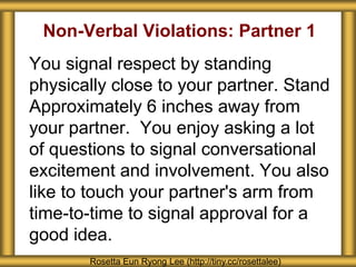 Non-Verbal Violations: Partner 1
You signal respect by standing
physically close to your partner. Stand
Approximately 6 inches away from
your partner. You enjoy asking a lot
of questions to signal conversational
excitement and involvement. You also
like to touch your partner's arm from
time-to-time to signal approval for a
good idea.
Rosetta Eun Ryong Lee (http://tiny.cc/rosettalee)
 