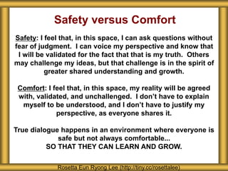 Safety versus Comfort
Safety: I feel that, in this space, I can ask questions without
fear of judgment. I can voice my perspective and know that
I will be validated for the fact that that is my truth. Others
may challenge my ideas, but that challenge is in the spirit of
greater shared understanding and growth.
Comfort: I feel that, in this space, my reality will be agreed
with, validated, and unchallenged. I don’t have to explain
myself to be understood, and I don’t have to justify my
perspective, as everyone shares it.
True dialogue happens in an environment where everyone is
safe but not always comfortable...
SO THAT THEY CAN LEARN AND GROW.
Rosetta Eun Ryong Lee (http://tiny.cc/rosettalee)
 