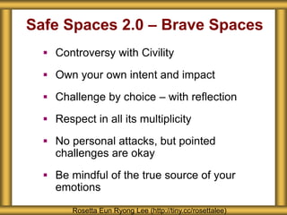 Safe Spaces 2.0 – Brave Spaces
 Controversy with Civility
 Own your own intent and impact
 Challenge by choice – with reflection
 Respect in all its multiplicity
 No personal attacks, but pointed
challenges are okay
 Be mindful of the true source of your
emotions
Rosetta Eun Ryong Lee (http://tiny.cc/rosettalee)
 