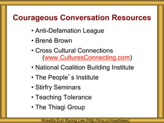 Courageous Conversation Resources
• Anti-Defamation League
• Brené Brown
• Cross Cultural Connections
(www.CulturesConnecting.com)
• National Coalition Building Institute
• The People’s Institute
• Stirfry Seminars
• Teaching Tolerance
• The Thiagi Group
Rosetta Eun Ryong Lee (http://tiny.cc/rosettalee)
 