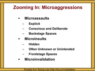  Microassaults
– Explicit
– Conscious and Deliberate
– Backstage Spaces
 Microinsults
– Hidden
– Often Unknown or Unintended
– Frontstage Spaces
 Microinvalidation
Zooming In: Microaggressions
Rosetta Eun Ryong Lee (http://tiny.cc/rosettalee)
 