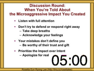Discussion Round:
When You’re Told About
the Microaggressive Impact You Created
 Listen with full attention
 Don’t try to defend or respond right away
– Take deep breaths
– Acknowledge your feelings
 Your mistakes don’t define you
– Be worthy of their trust and gift
 Prioritize the Impact over Intent
– Apologize for real
Rosetta Eun Ryong Lee (http://tiny.cc/rosettalee)
 