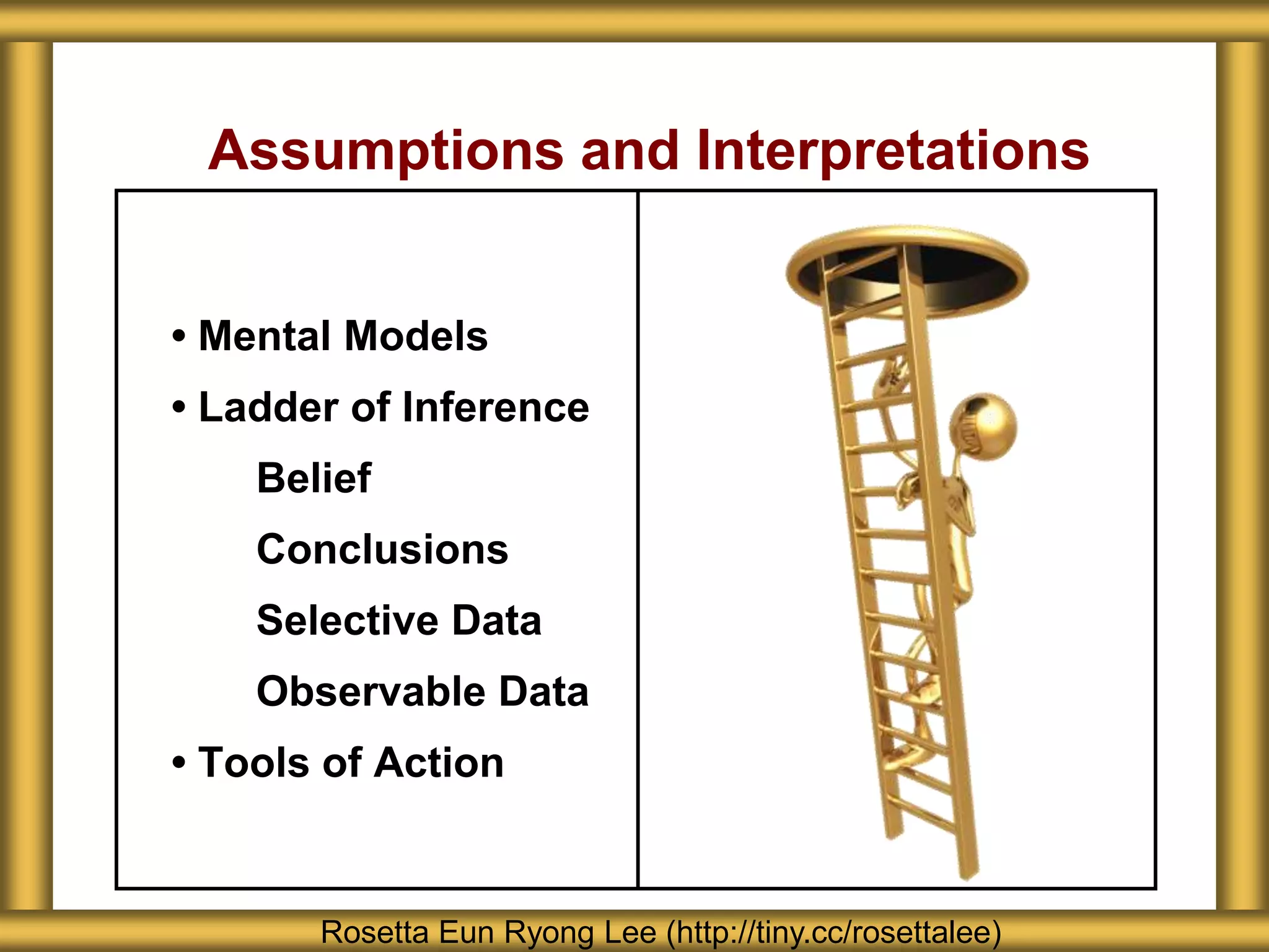 Assumptions and Interpretations
• Mental Models
• Ladder of Inference
Belief
Conclusions
Selective Data
Observable Data
• Tools of Action
Rosetta Eun Ryong Lee (http://tiny.cc/rosettalee)
 