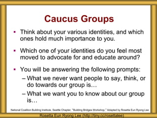 Caucus Groups
 Think about your various identities, and which
ones hold much importance to you.
 Which one of your identities do you feel most
moved to advocate for and educate around?
 You will be answering the following prompts:
– What we never want people to say, think, or
do towards our group is…
– What we want you to know about our group
is…
Rosetta Eun Ryong Lee (http://tiny.cc/rosettalee)
National Coalition Building Institute, Seattle Chapter, “Building Bridges Workshop,” Adapted by Rosetta Eun Ryong Lee
 