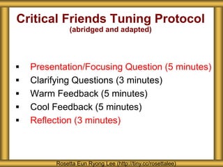 Critical Friends Tuning Protocol
(abridged and adapted)
Rosetta Eun Ryong Lee (http://tiny.cc/rosettalee)
 Presentation/Focusing Question (5 minutes)
 Clarifying Questions (3 minutes)
 Warm Feedback (5 minutes)
 Cool Feedback (5 minutes)
 Reflection (3 minutes)
 