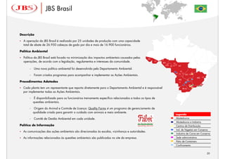 JBS Brasil


Descrição

  A operação da JBS Brasil é realizada por 25 unidades de produção com uma capacidade
  total de abate de 26.950 cabeças de gado por dia e mais de 16.900 funcionários.

Política Ambiental

  Política da JBS Brasil está focada na minimização dos impactos ambientais causados pelas
  operações, de acordo com a legislação, regulamentos e interesses da comunidade.

      –   Uma nova política ambiental foi desenvolvida pelo Departamento Ambiental.

      –   Foram criados programas para acompanhar e implementar as Ações Ambientais.

Procedimentos Adotados

  Cada planta tem um representante que reporta diretamente para o Departamento Ambiental e é responsável
  por implementar todas as Ações Ambientais.

      –    É disponibilizado para os funcionários treinamento específico relacionados a todos os tipos de
          questões ambientais.

      –    Origem do Animal e Controle de Licença: Quality Farms é um programa de gerenciamento de
          qualidade criado para garantir o cuidado com animais e meio ambiente.
                                                                                                            Legenda
      –   Comitê de Gestão Ambiental em cada unidade.                                                       Abatedouros
                                                                                                            Abatedouros e Indústria
Política de Informação                                                                                      Centros de Distribuição
                                                                                                            Ind. de Vegetais em Conserva
  As comunicações das ações ambientais são direcionadas às escolas, vizinhança e autoridades.
                                                                                                            Industria de Carne em Conserva
  As informações relacionadas às questões ambientais são publicadas no site da empresa.                     Sede administrativa
                                                                                                            Pátio de Containers
                                                                                                            Confinamento


                                                                                                                                       20
 