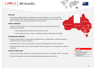JBS Austrália


Descrição

  As operações da JBS Austrália são distribuídas através de 10 plantas, com uma capacidade
  total de abate de 8.690 cabeças de gado por dia e 15.000 cabeças de ovinos e suínos. Além
  disso, a empresa conta com aproximadamente 7.000 funcionários.

Política Ambiental

  A filosofia da JBS Austrália inclui o compromisso de incorporar as questões ambientais nas
  decisões de seus negócios.

      –     Mantém apresentação de relatório e estrutura para controle.

      –     Promove melhoria contínua, onde o uso adequado da água e energia são prioridades.

Procedimentos Adotados

  Prestação de informações e o treinamento dos agentes externos e colaboradores, através de treinamento
  para formação da consciência ambiental.

  Fornecedores estão a utilizar suas descrições em relação a ampla gama de iniciativas ambientais.

  Fornecedores locais devem cumprir certas obrigações de forma a garantir a conformidade com as licenças
  ambientais.
                                                                                                           Legenda
Política de Informação                                                                                     Abatedouros
                                                                                                           Centros de Dis tribuição
  Comunicação de ações ambientais são direcionadas para a vizinhança, autoridades, ONG’s e ao público.     S ede Adm inis trativa
                                                                                                           Confinam entos
  O relatório Ambiental e Social são conduzidos pela Reputex (empresa de consultoria).




                                                                                                                                      29
 